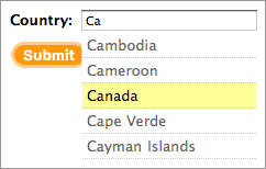 Country selection autocomplete example