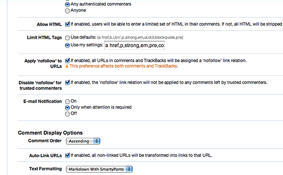 Movable Type 4 blog comment settings