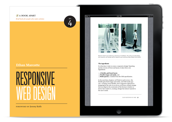 Responsive Web Design book cover and PDF view on an iPad