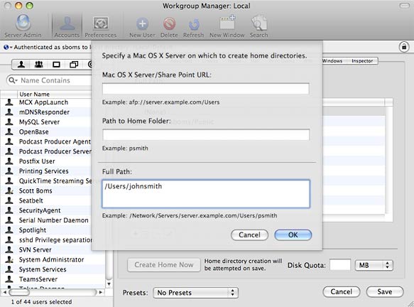 Setting a user's home directory in Workgroup Manager