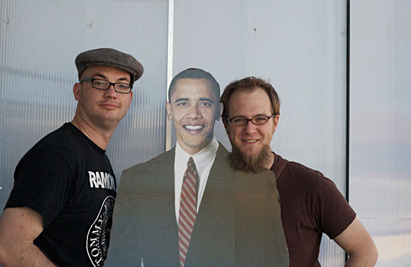 Luke Dorny, Brian Warren and Mr. President outside the Obama Store in Austin