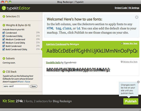 Typekit Kit Editor screenshot